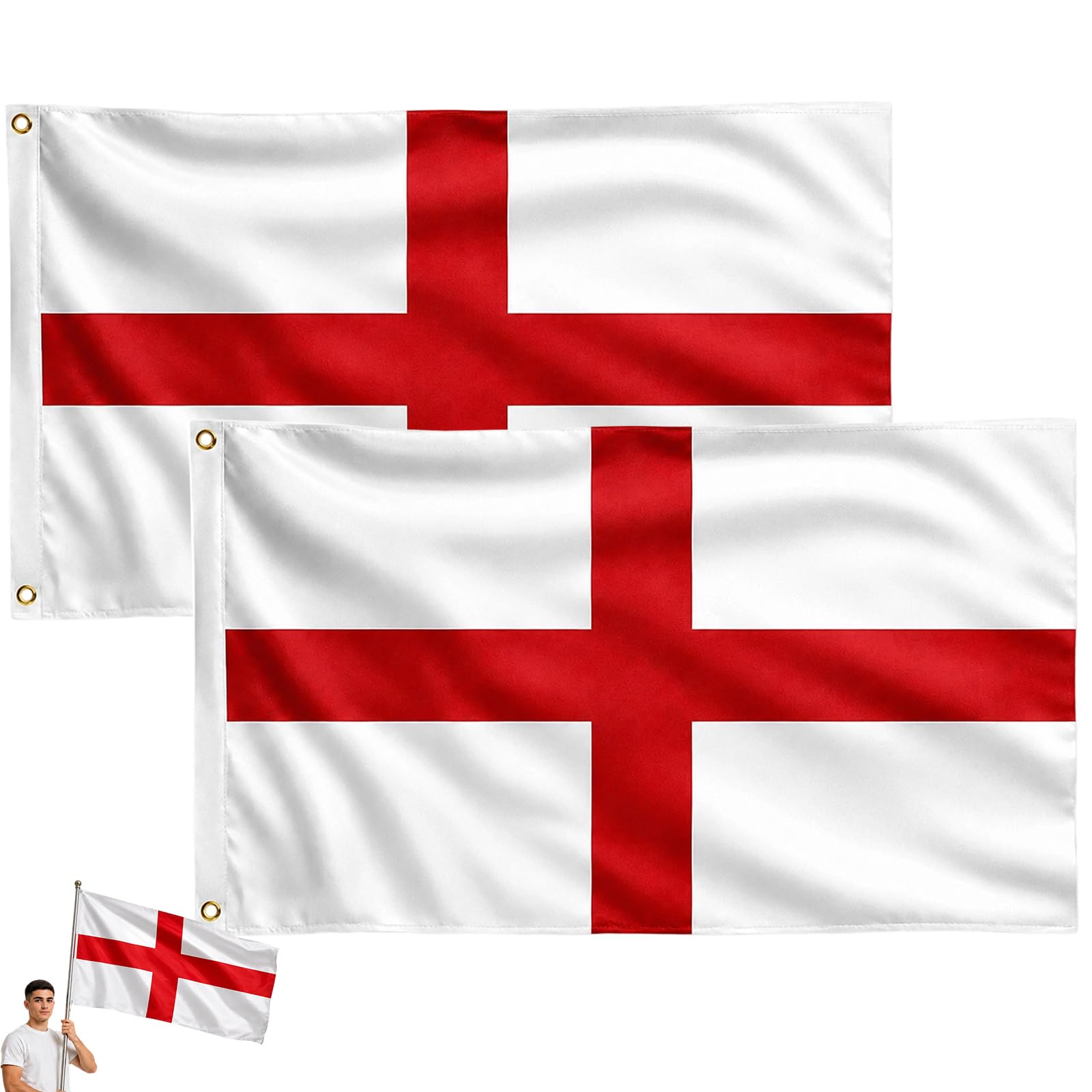 2 PCS St Georges Flag, 5ft X 3ft (150cm X 90cm) England Flag with Eyelets, Large England Flags For Houses, Gardens, Events And Match Days