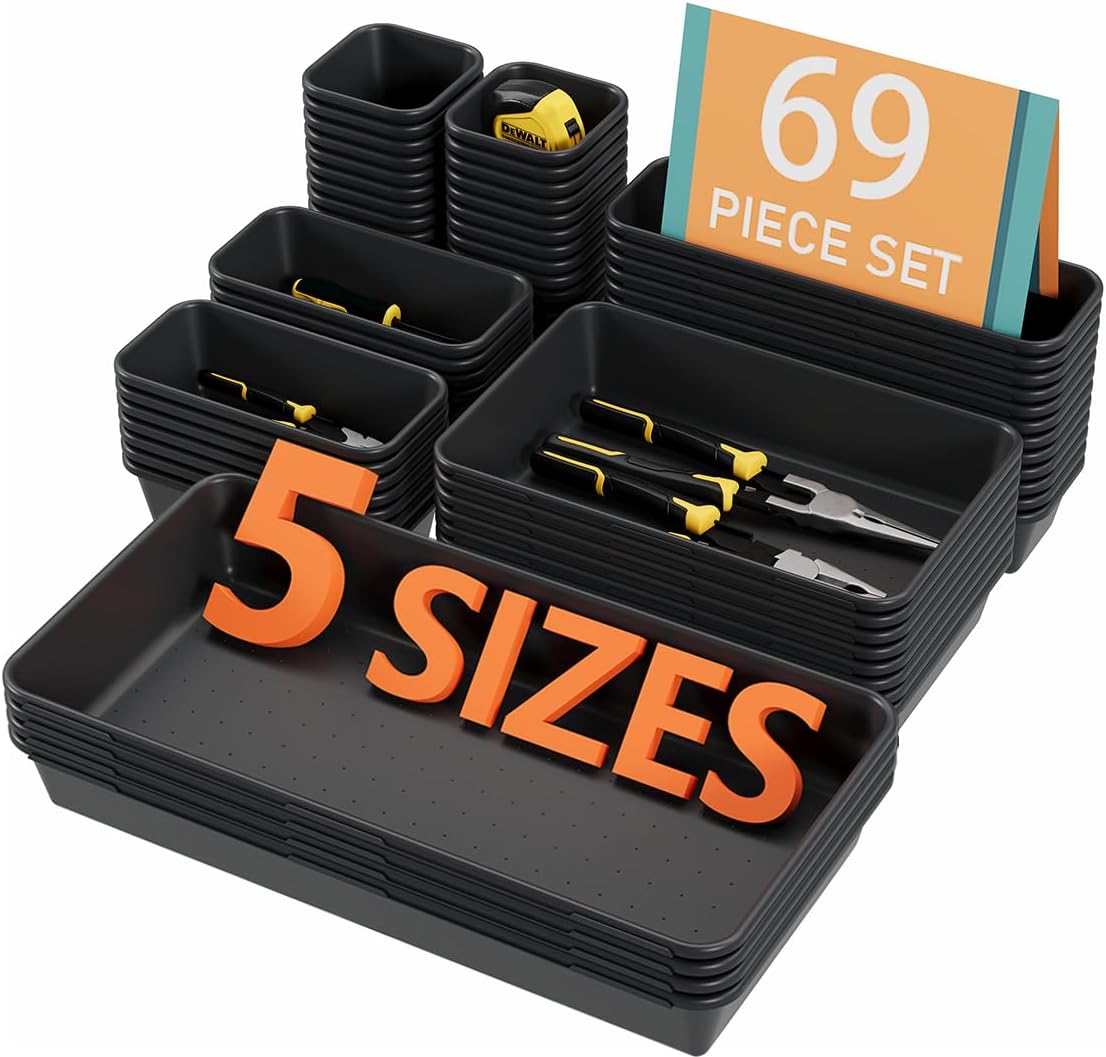 Kutesna 69PCS Large Plastic Drawer Organizer, 5 Sizes Versatile Desk Drawer Organizer Trays, Drawer Dividers, Organization and Storage Bins for Tools,Office,Jewelries,Kitchen Utensils and Makeup