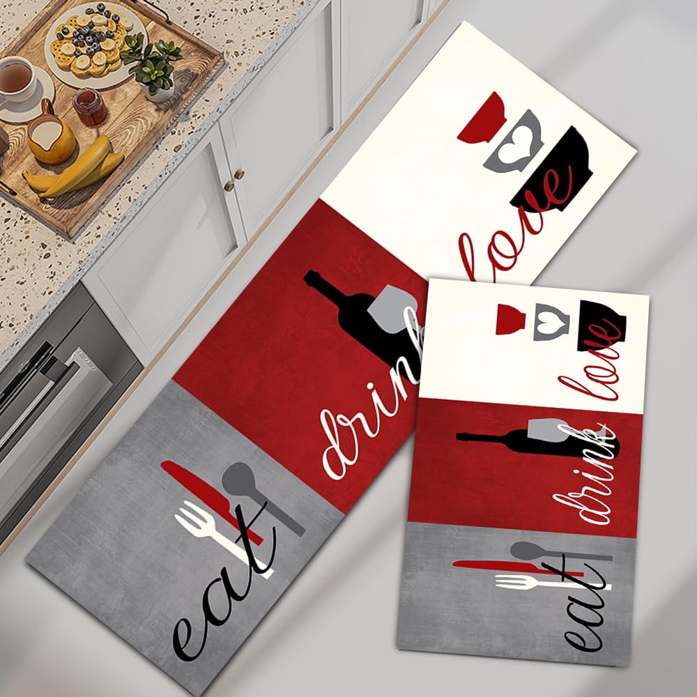 GUBIYU Set of 2 Kitchen Rugs Non Slip Red White Gray Rugs Kitchen Decor and Accessories Washable Eat Drink Love Area Rugs Motto Design Rustic Rugs for