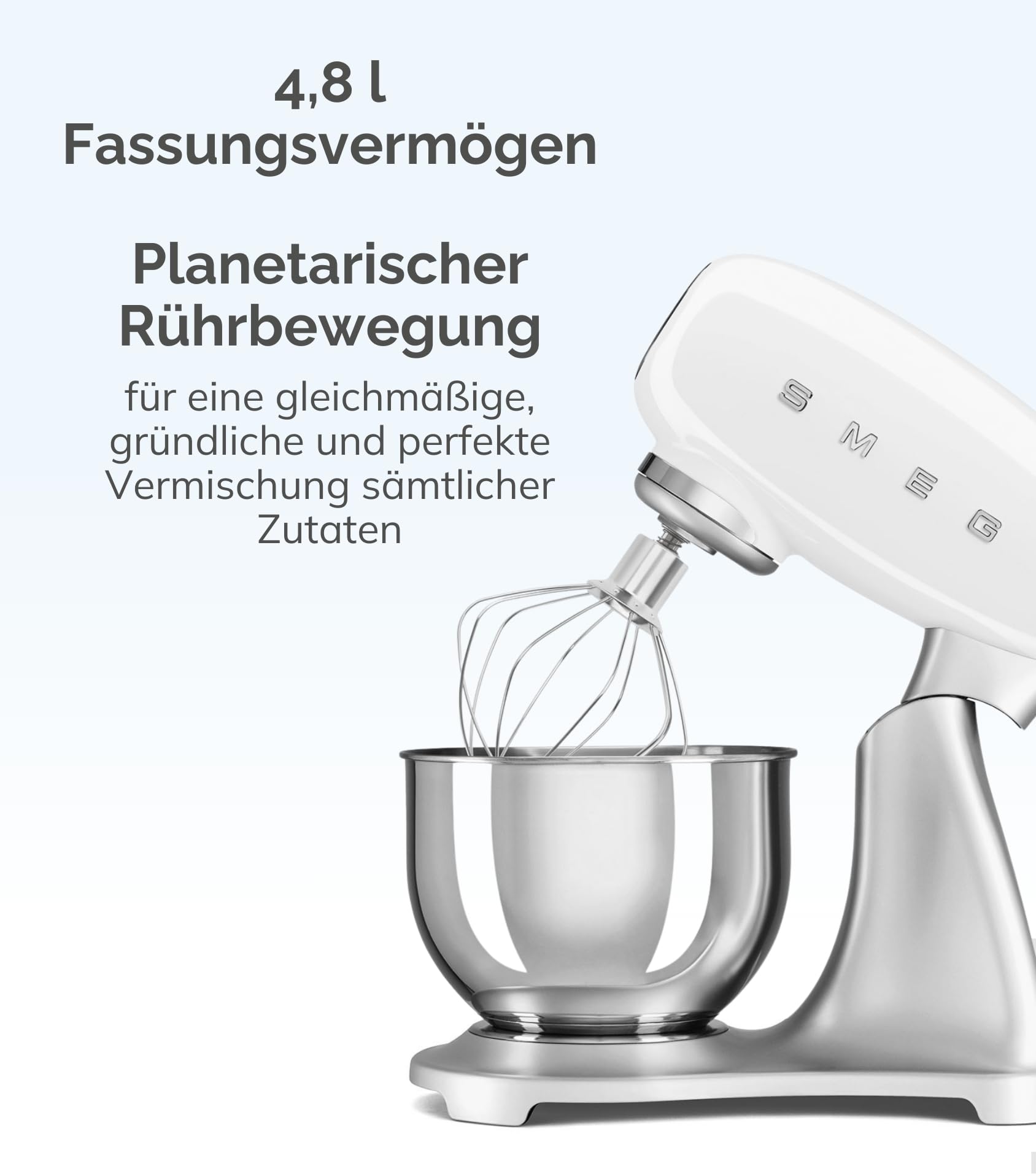 Smeg, Küchenmaschine SMF04CREU, 10 Geschwindigkeitsstufen, Smooth Start System- und Gleichlauffunktion, 4,8-Liter-Rührschüssel, Motorsicherung, inklusive 2 Schneebesen und Knethaken, 800 W, Creme