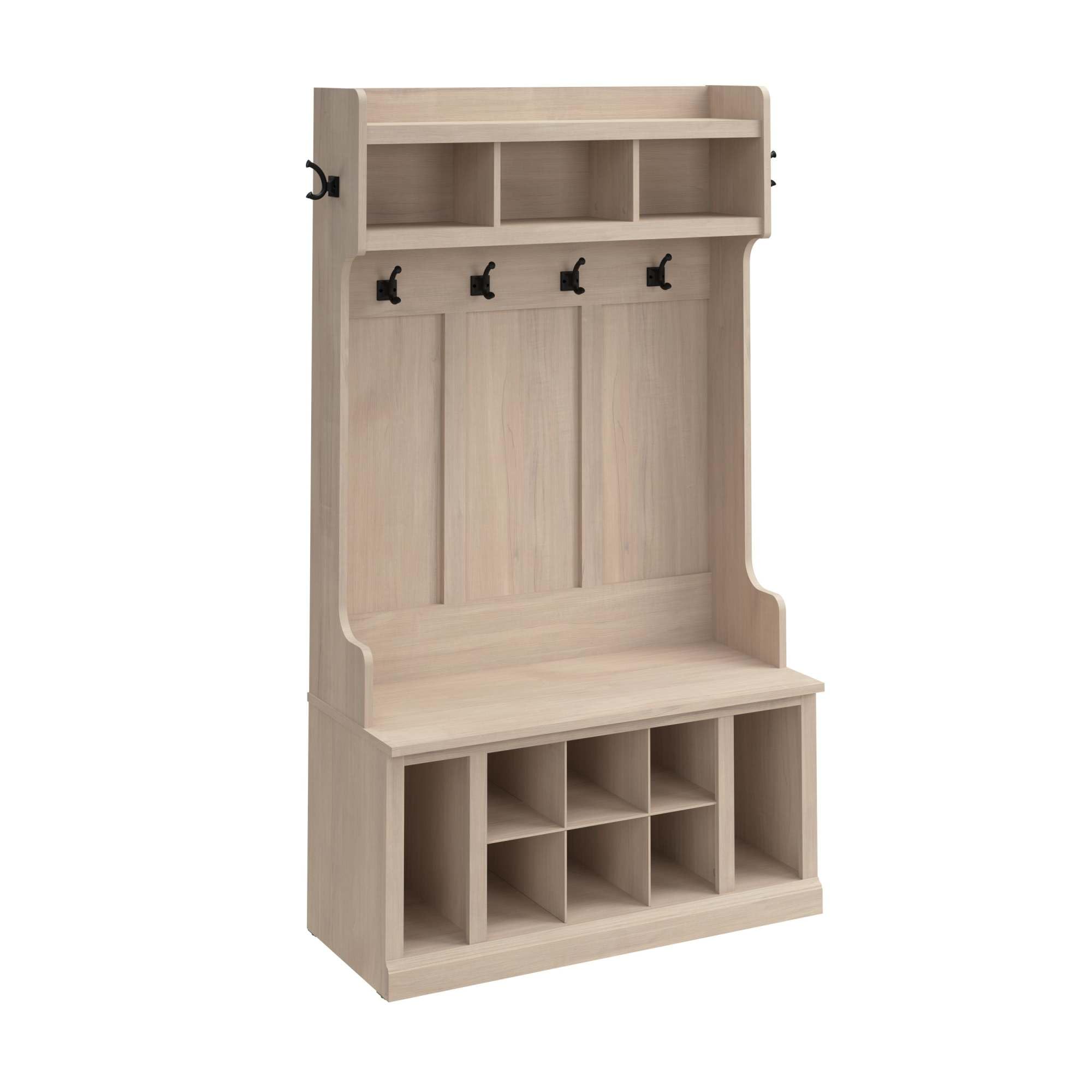 Bush Furniture Woodland Hall Tree and Shoe Storage Bench with Shelves | Foyer, Mudroom, Entryway Organizer, 40W, White Washed Maple