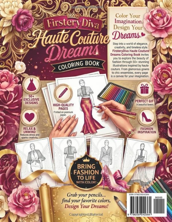 FirsteryDiva Haute Couture Dreams Coloring Book: 50+ Exclusive Luxury Fashion Illustrations for Adults & Teens — Elegant Gowns, Chic Ensembles & High-Fashion Designs to Color image 3