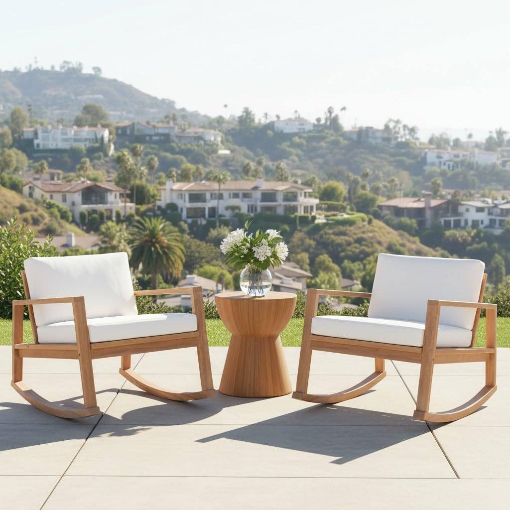 Springer Set of 2 Acacia Wood Rocking Chair Outdoor, Patio Rocker Chair with Soft Cushions, Lounge Chair Outdoor, Rocking Accent Chair for Indoor/Outdoor, Light Teak+White