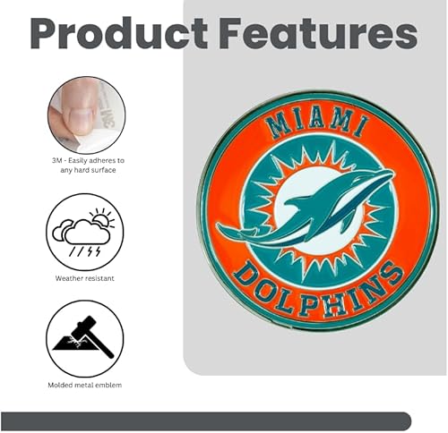Miniatura 5 de FANMATS - Emblema de metal 3D de los Miami Dolphins NFL para todo tipo de clima, para uso en interiores y exteriores, fácil instalación de despegar