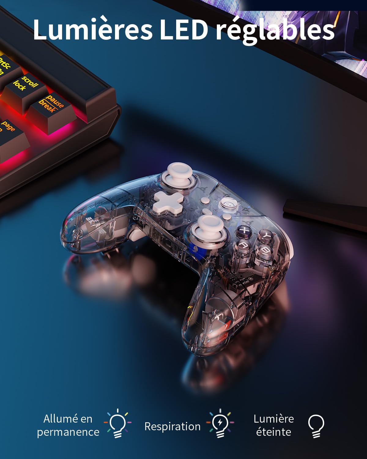 PALPOW Manette PC Sans Fil 2.4G avec Joysticks et Gâchettes à Effet Hall, Manette de Jeu pour Windows/Android/Steam Deck/iPhone/Switch 2, Gamepad Bluetooth avec 8 Couleurs RGB/Turbo - Transparent