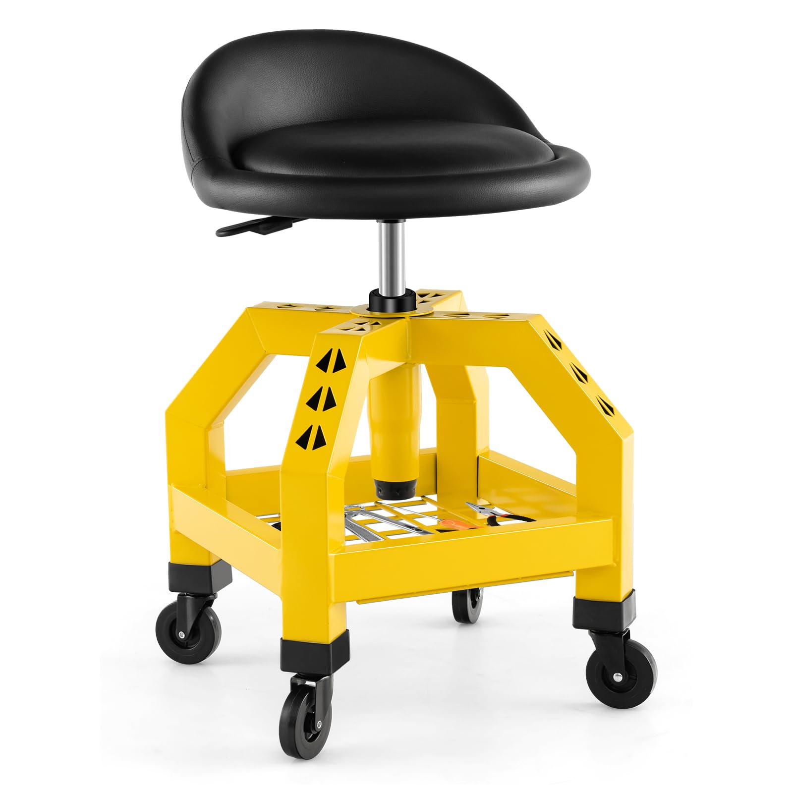 COSTWAY Taburete de Taller Rodante, Asiento de Mecánica Ajustable en Altura con Bandeja para Herramientas y 4 Ruedas Universales, Capacidad de 150 Kg, para Fábrica, Garaje y Taller (Amarillo)