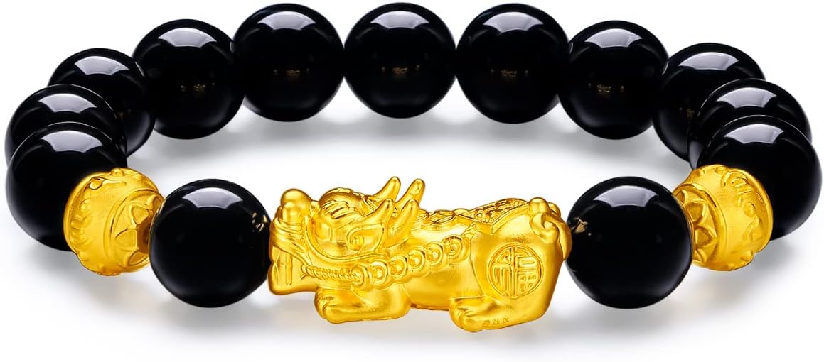 24K Solid Gold Bracelet Real Pure Gold Pixiu Charm Bracelets Feng Shui Agate Beaded Bracelet Dainty Jewelry for Men Husband Father Birthday Anniversary