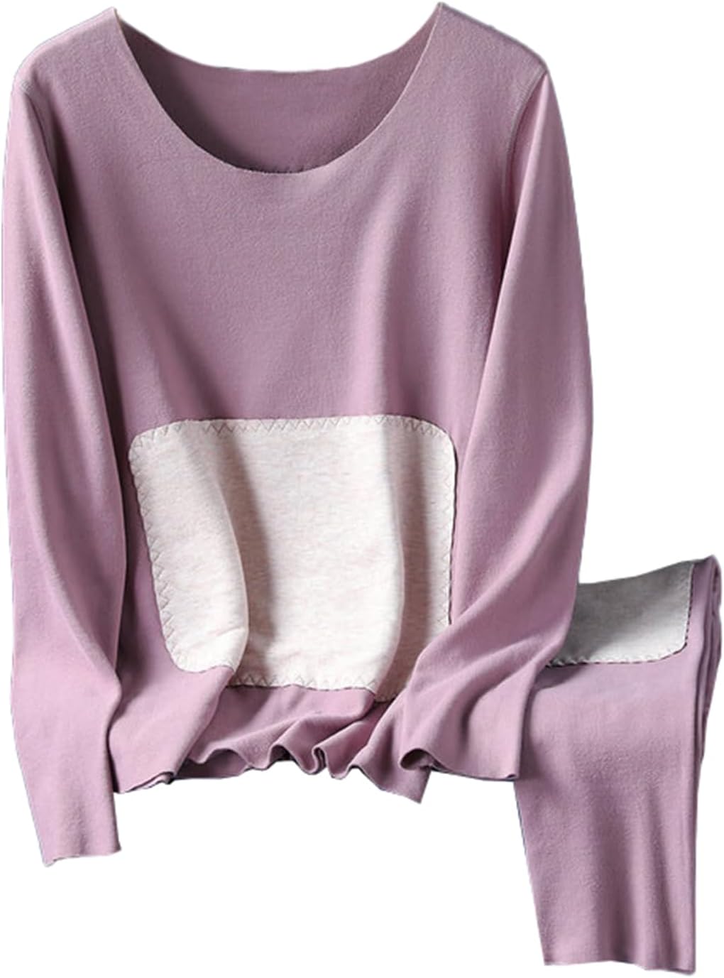2-Piece Long Johns thermal suit for women Autumn/winter Fleece Lined Underwear Set With warm patches,Light purple,4XL