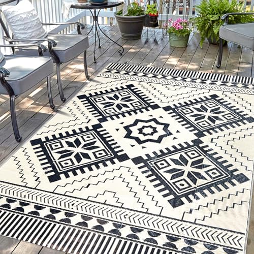 Waterproof Outdoor Rug 5x8ft, Bohemia Reversible Plastic Straw Mat for Patio RV Deck Porch Backyard Balcony Camping Picnic Beach Indoor Outdoor Carpet, Black&White Bohemia (Black&white) 5 x