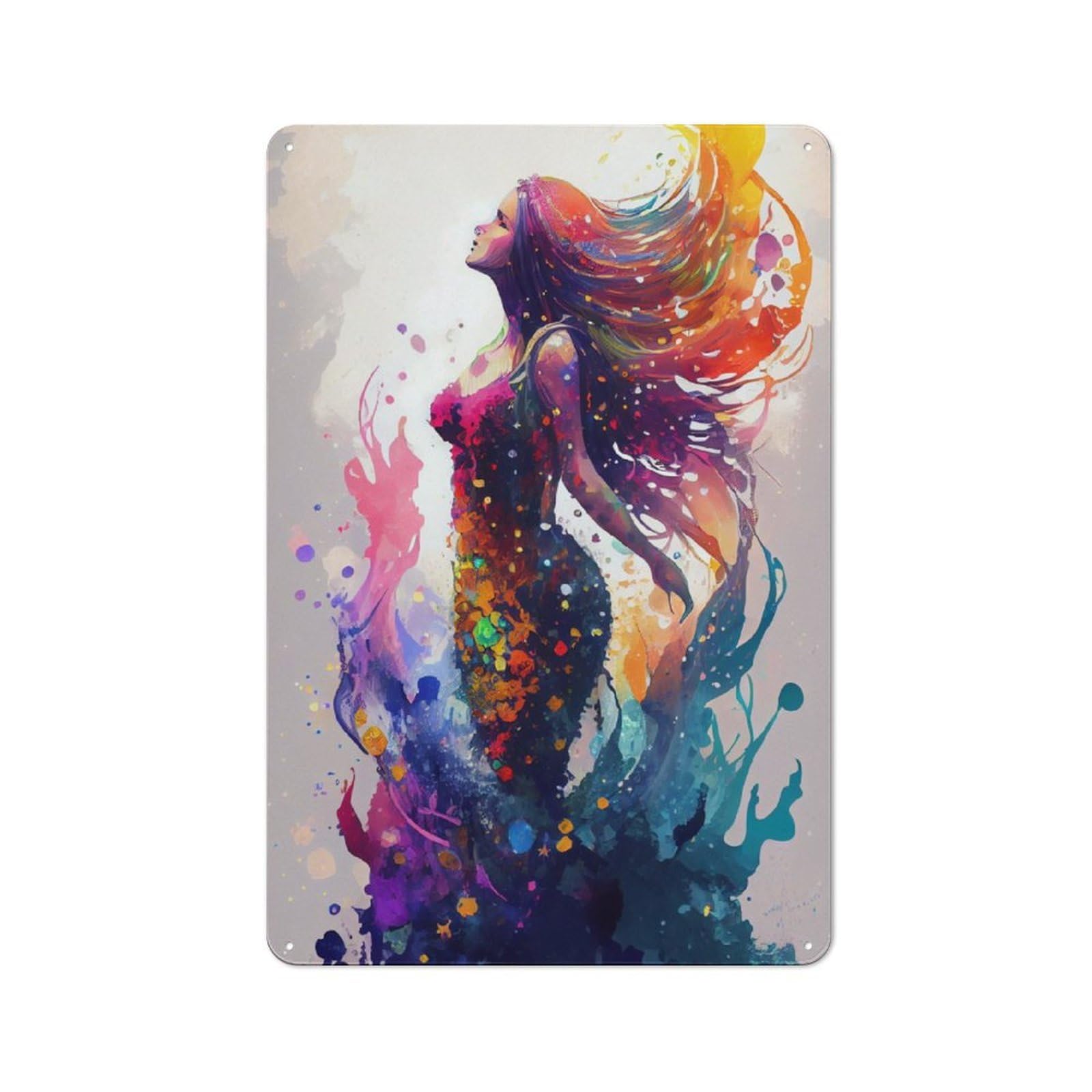 Junmoney Mermaid Watercolors For Garden Room Or Summerhouse, Retro Metal Sign 30X20cm, For Metal Sign Collectors, For Vintage Wall Decor Fans