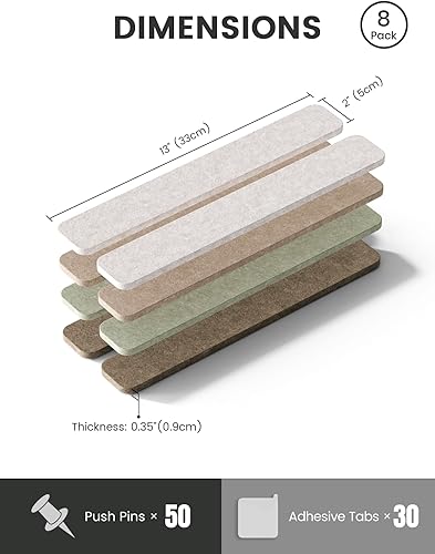 Miniatura 2 de Fluxynara Cork Board Alternative Felt Strip Board 8-Pack 13"x2", Office Pin Board with 50 Push Pins, Adhesive Install for Bedroom Door & Home