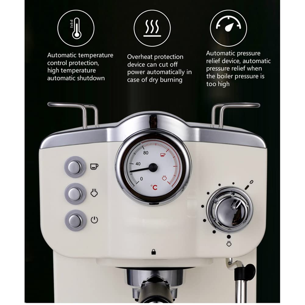 Macchina per caffè Espresso retrò, Macchina per caffè Espresso, Macchina per caffè semiautomatica, 20 Bar di Pressione, montalatte a Vapore, Serbatoio da 1,25 Litri, Stile retrò, Bianco