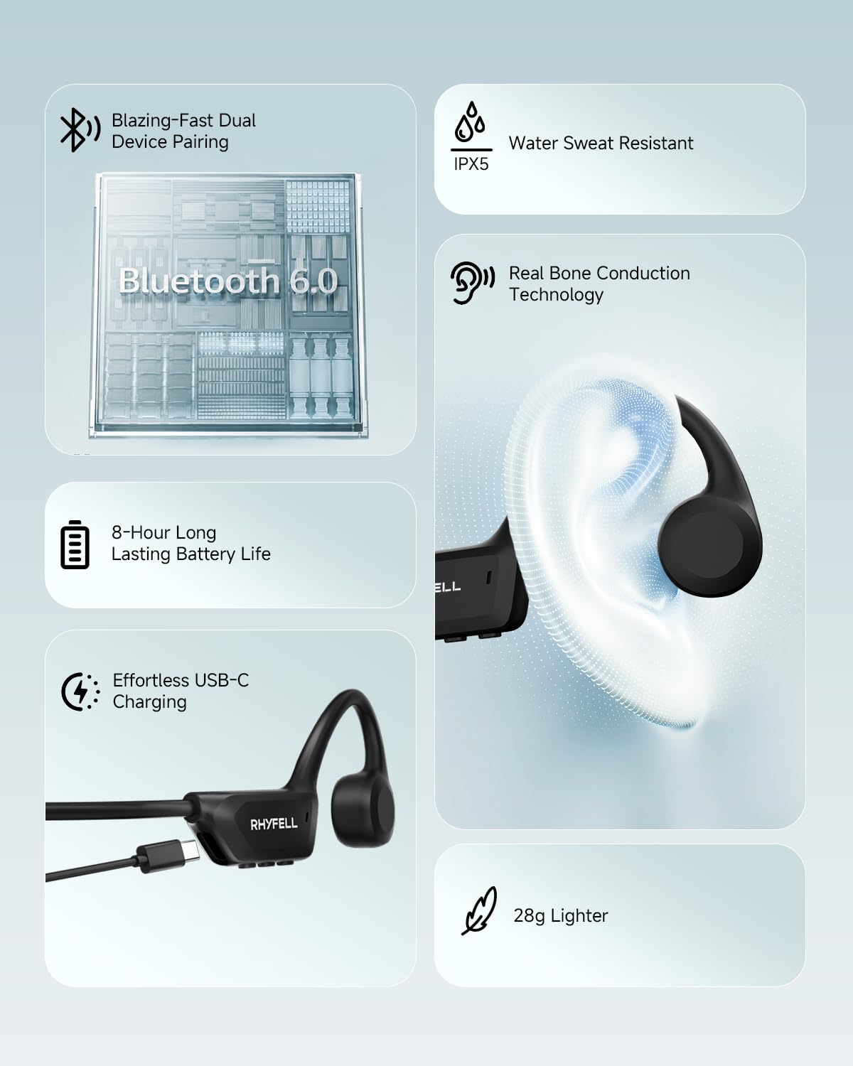 Casque Conduction Osseuse Bluetooth 6.0, Écouteurs Sport Oreilles Libres avec Micro, Étanchéité IPX5, 8H d'Autonomie, Ultra-Léger 28g, Idéal pour Course à Pied, Cyclisme, Fitness