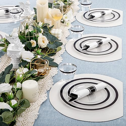 I00000 210 Pcs Clear and Black Plastic Plates, Halloween Disposable Dinnerware Set, Include 30 Dinner 30 Dessert Plates,30 Plastic Cups 9 OZ,30 Pre Rolled Napkins with Cutlery for New Year – Image 5