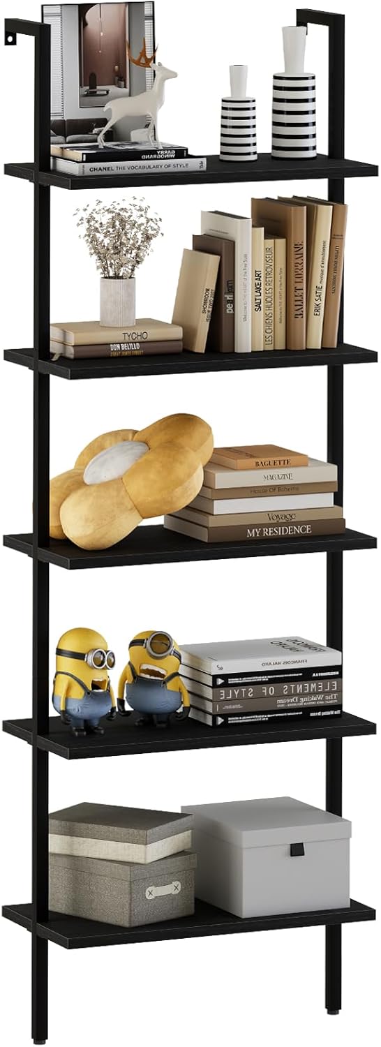 aboxoo Ladder Shelf Open 5-Tier Bookshelf Wall-Mounted Black Wood Bookcase Storage Rack Open Industrial Modern Plant Stand Utility Organizer Bookcase Metal Frame Furniture Office Bedroom Black Wood 5-Tier