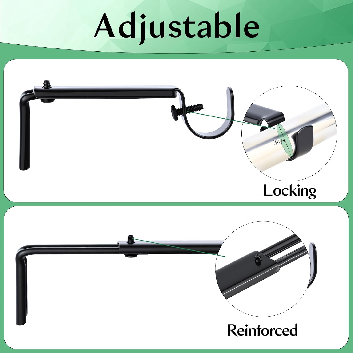 HOME MASTER HARDWARE Curtain Rod Bracket, Adjustable Curtain Rod Holders Brackets for Wall,Heavy Duty Curtain Hangers for 3/4 Inch Rods,2 Pack, Black