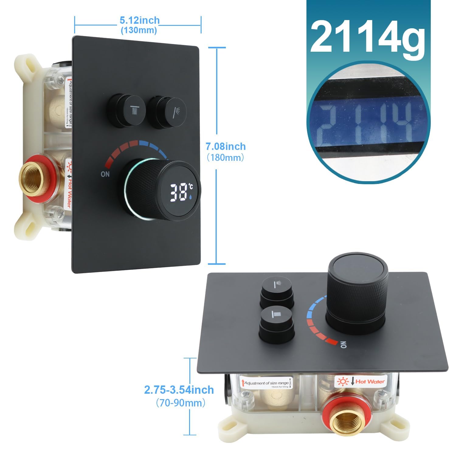 Valvola per doccia a 2 vie con display digitale nascosto, valvola deviatrice per doccia, può essere utilizzata tutto il tempo (nero opaco)
