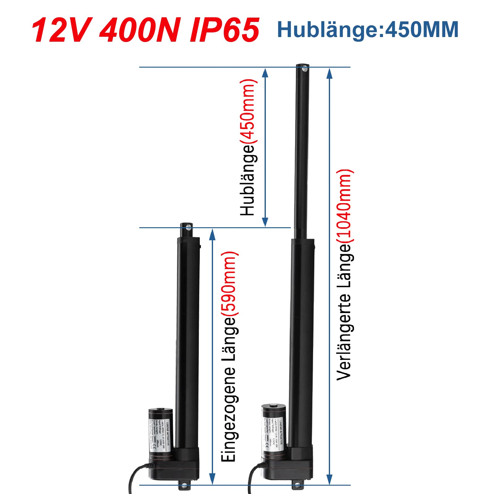 450 mm Hub 400 N IP65 resistente al agua, actuador lineal, motor lineal de 12 V, 34 mm/s, con soporte de montaje para puerta de elevador, armario, abridor de ventanas, apertura de puerta