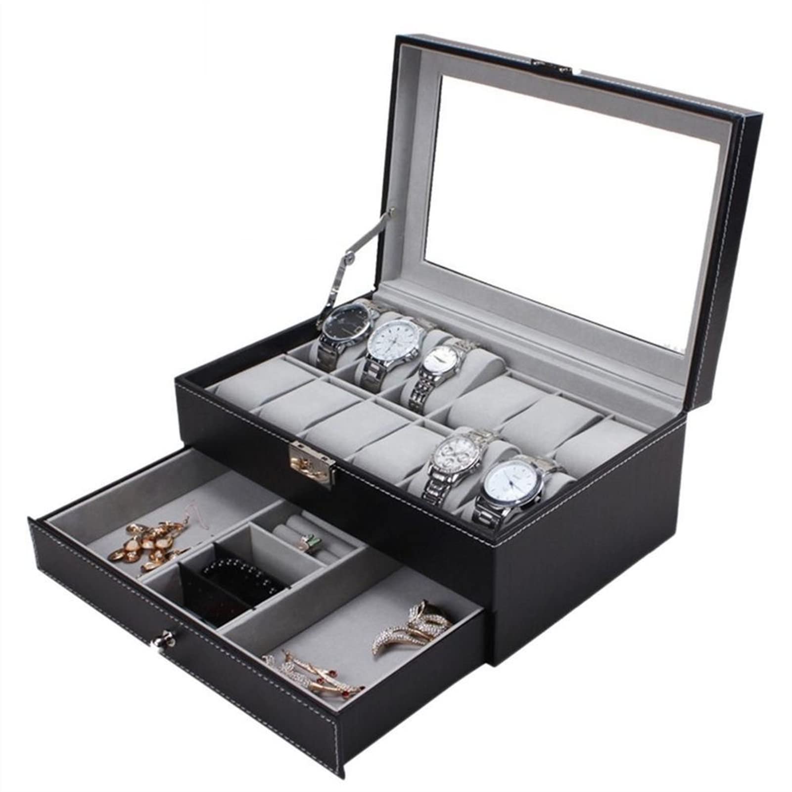 Uhrenbox für Herren, 2-stöckig, abschließbare Uhrenaufbewahrungsboxen aus PU-Leder – Schmuck-Display-Schubladenetui für Herren und Damen – Organizer mit 12 Fächern, Uhrenvitrine mit Glasdeckel,