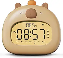 Despertador Capybara para crianças com luz noturna, recarregável, relógio alto para acordar, despertador digital fofo Kawaii para quartos, soneca, 3 alarmes