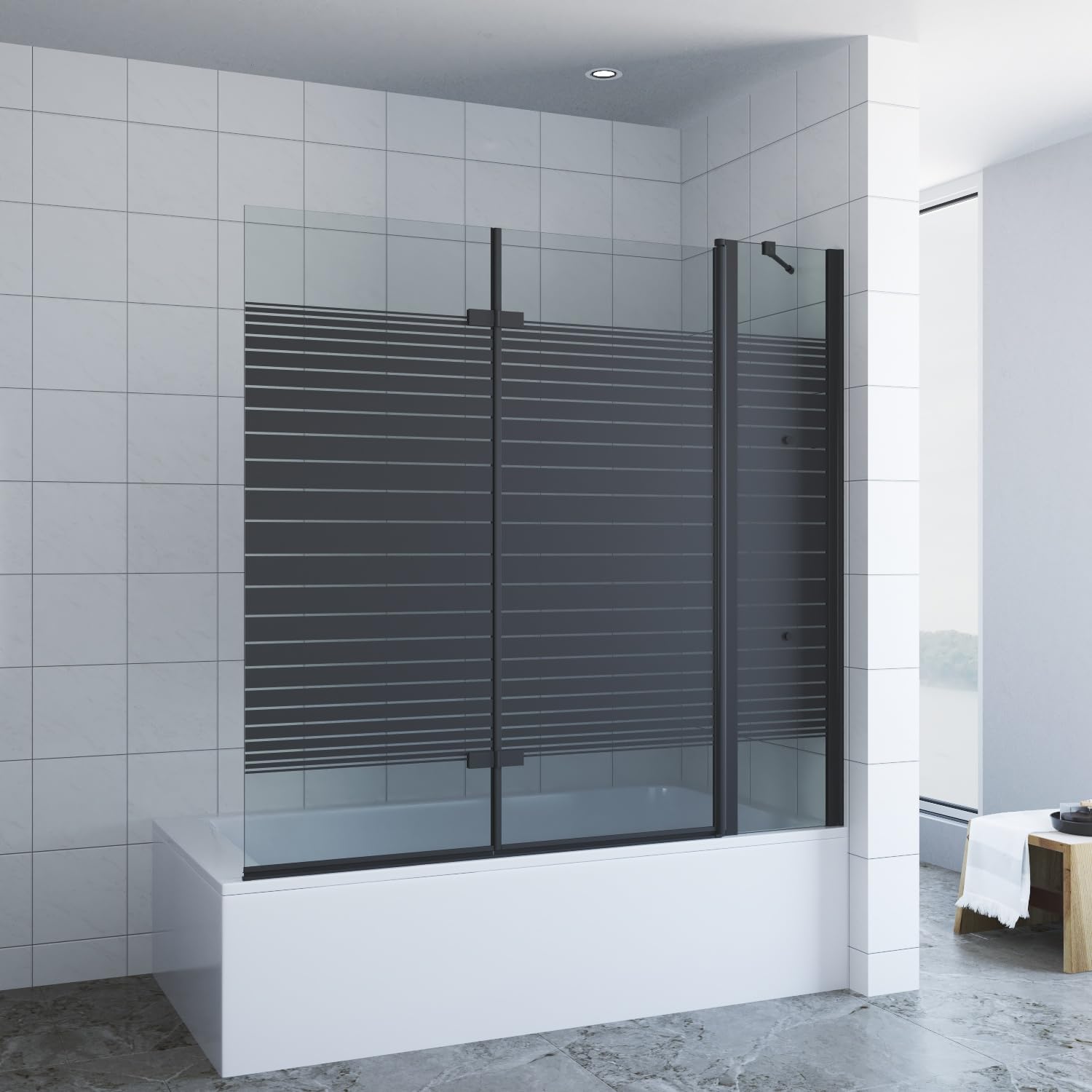 Duschabtrennung Badewanne schwarz 150 x 140 cm Badewannenaufsatz 3 Teilig faltbar Duschtrennwand Faltwand Badewannenfaltwand Duschwand Glas Dusche Festteil mit Eckregale 5 mm Sicherheitsglas ESG NANO