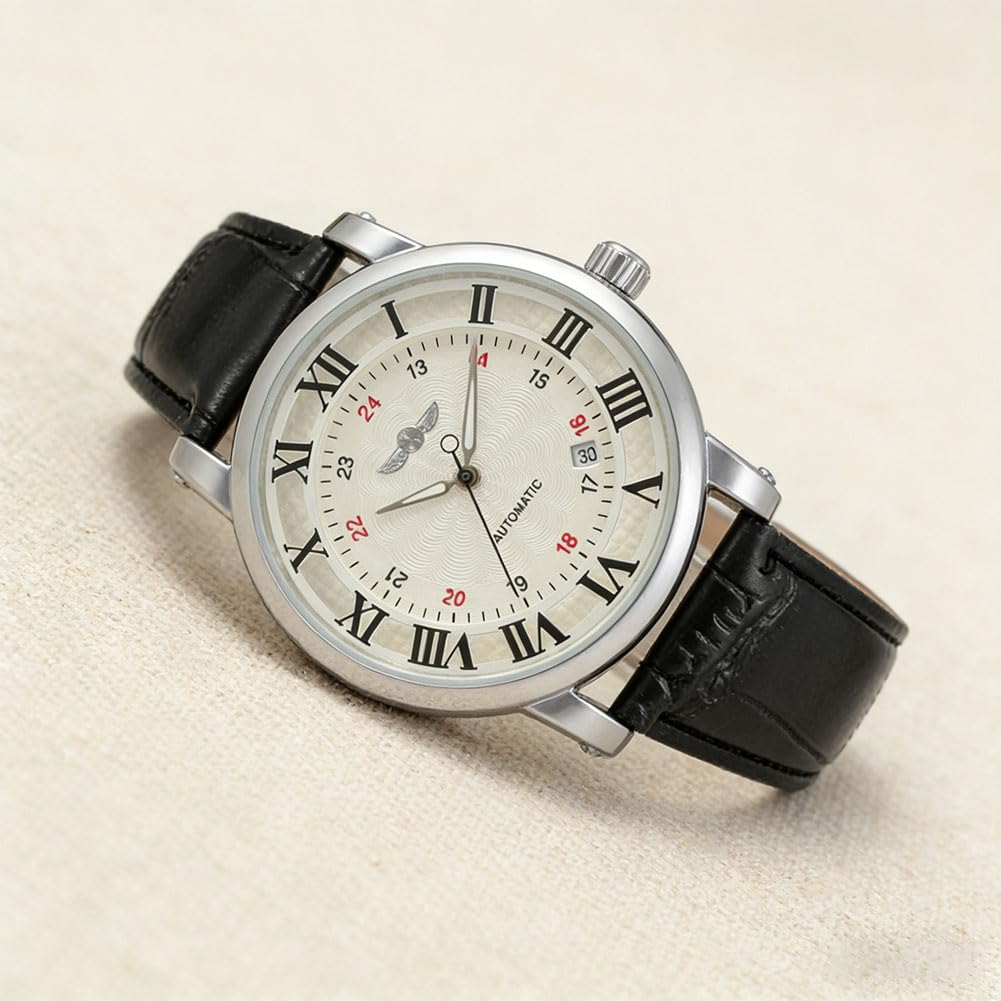 AMONIDA Orologio Meccanico Automatico da Uomo, Orologio con Quadrante con Numeri Romani, Cinturino in Pelle PU con Design da da Polso, Ideale per la Famiglia e gli Amici