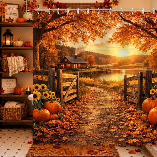 FAMTUDE Fall Shower Curtains for Bathroom Pathway in The Woods Autumn Tree Pumpkin Harvest Thanksgiving Shower Curtain Waterproof Cloth Fabric Bath Decor Set with 12 Hooks 72 x 72 Inch