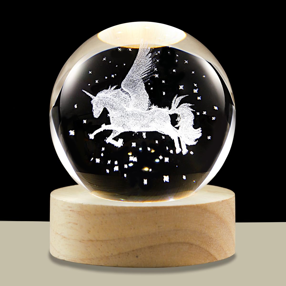 3D Pegasus Crystal Ball Lamp with Adjustable Brightness LED Wooden Base,Night Light for K…