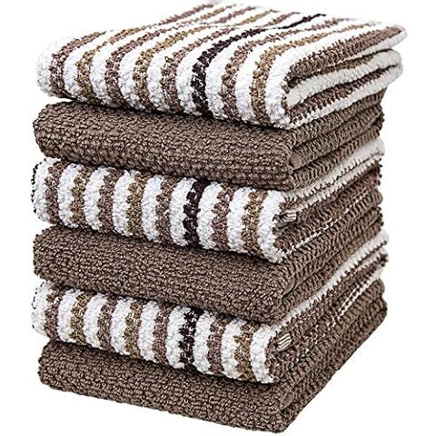 Premium Kitchen Towels (16”x 26”, 6 Pack) | Large Cotton Kitchen Hand Towels | Popcorn Striped Design | Dish Towels | 430 GSM Highly Absorbent Tea Towels Set with Hanging Loop | Tan Cover