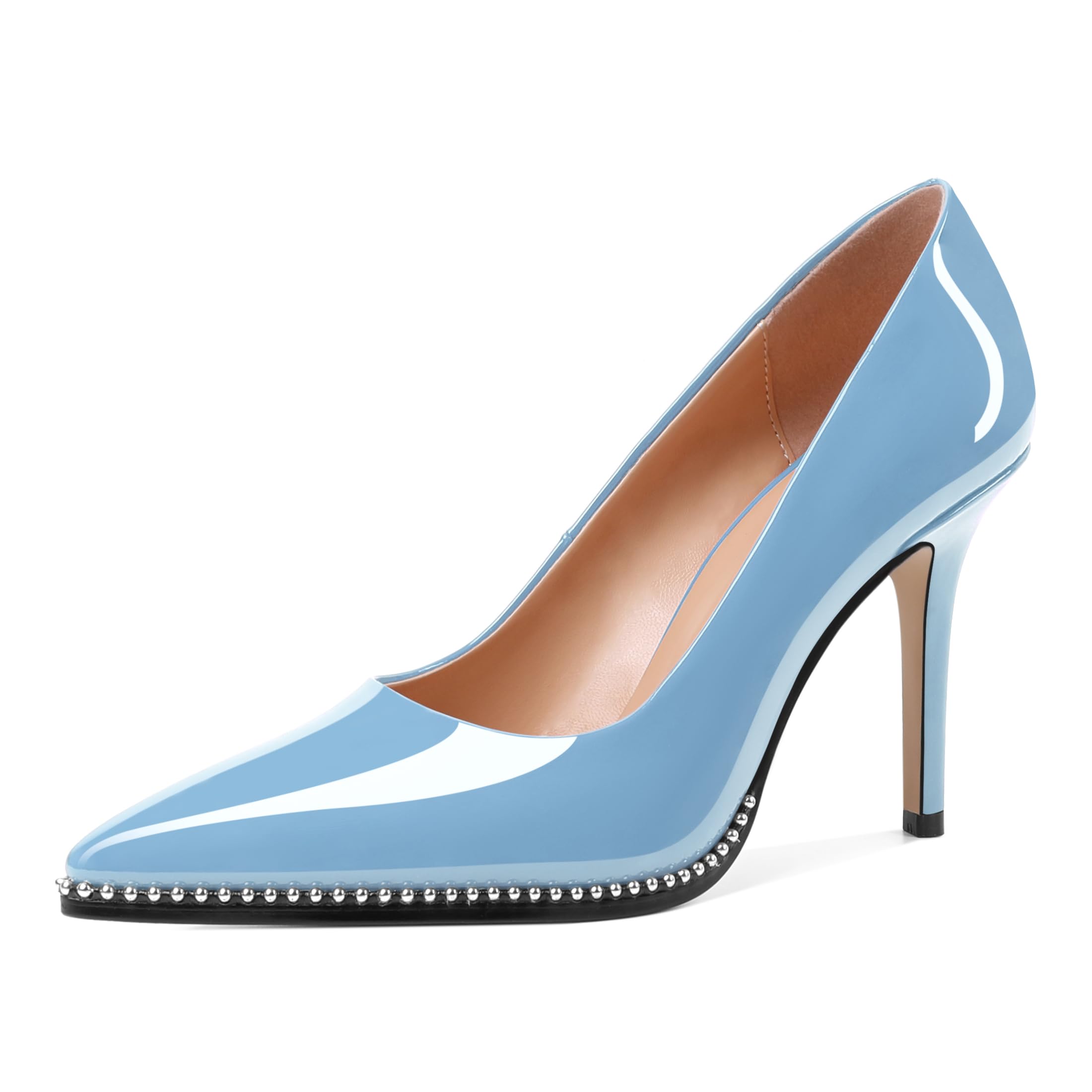 SAMMITOP Women Beaded Pumps Closed Pointed Toe High Heel Slip On Stilettos 3.5 Inch Sexy Heeled Dress Shoes Patent Leather