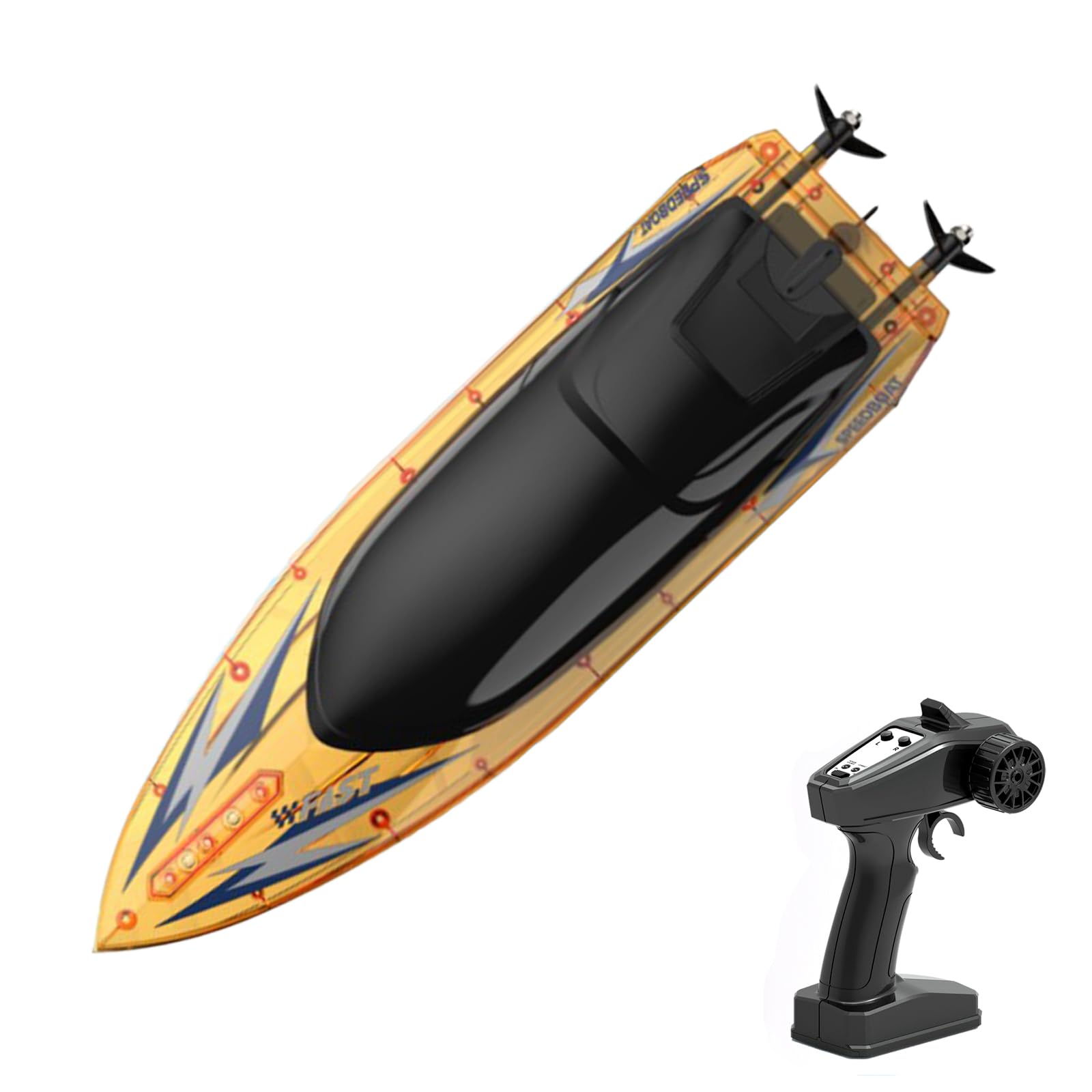 Joleritc Remote Control Boat for Adults & Kids, 2.4GHz 30km/h Remote Control Speedboat for Pool and Lake, Electric Boat Toy with LED Lights (Transparent Yellow)
