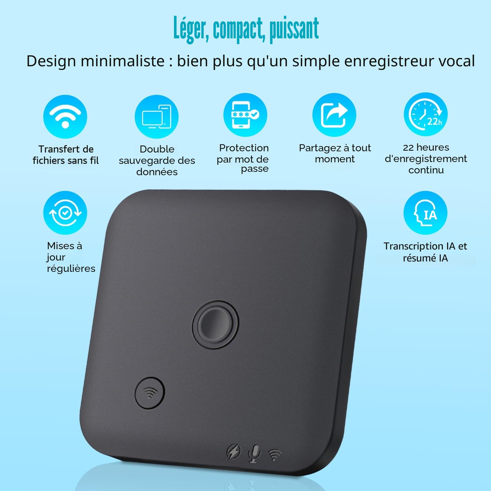 Dictaphone Enregistreur Vocal - Enregistreur Vocal IA avec Transcription et Résumés avec ChatGPT 4o, 64 Go, Supporte 102 Langues, Contrôle Via Application, Idéal pour Réunions, Entretiens et Appels