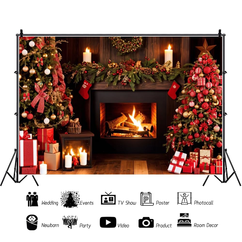 Renaiss 3 x 2,1 m sfondo a tema camino natalizio per fotografia sfondo decorazione camino di Natale alberi di Natale regali calze sfondo festa sfondo decorazione natale camino foto studio puntelli
