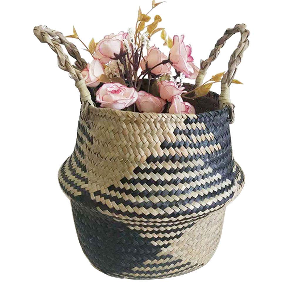 SZETOSY Natural Seagrass Basket - GOODCHANCEUK Belly Basket Handmade Planter Seagrass Seagrass Basket With Handle Laundry Toys Basket Black Square Block Style#3 32CMx28CM