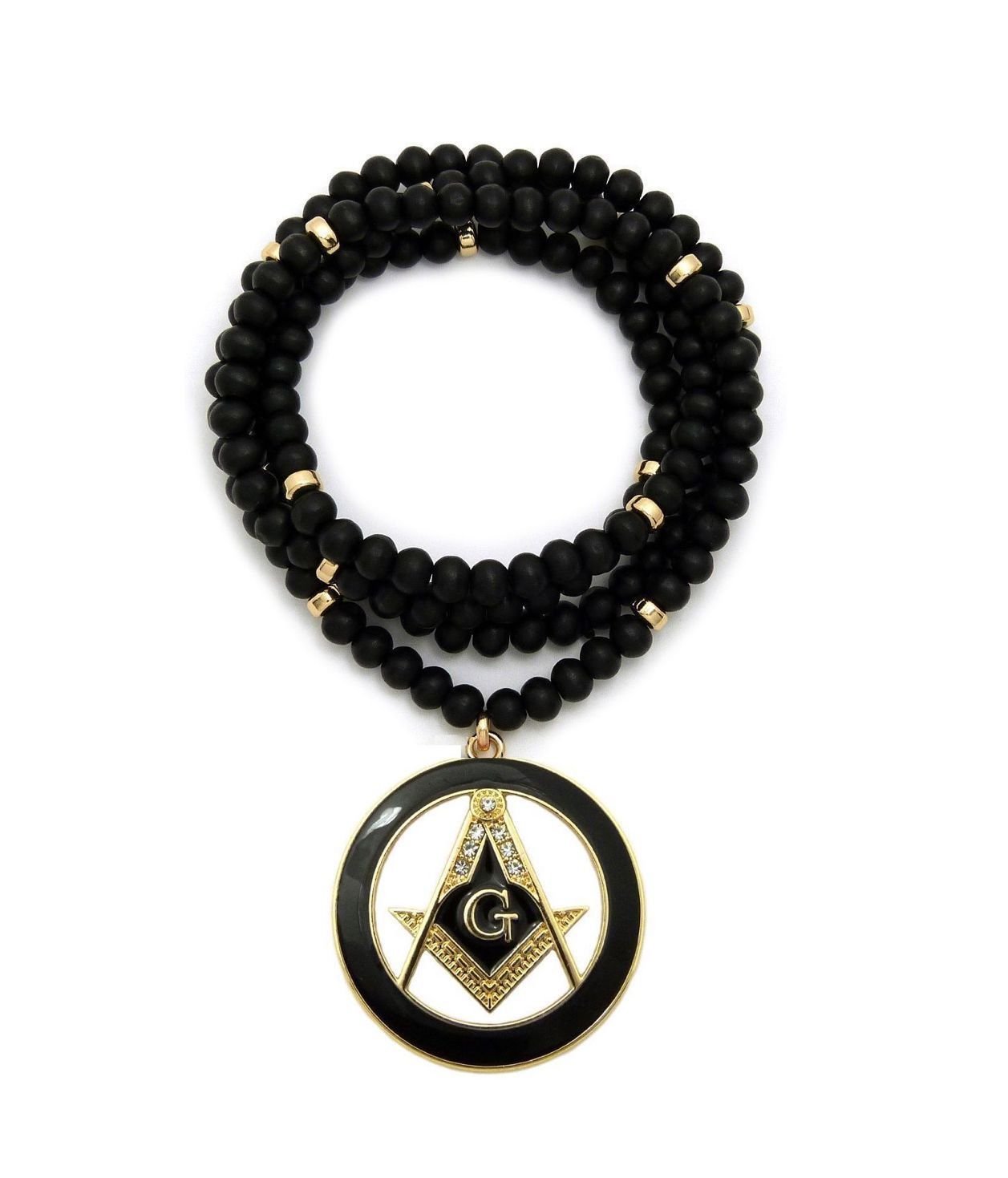 Shiny Jewelers USAMENS FREEMASON MASONIC COMPASS PENDANT WITH 6mm/30 WOODEN BEAD NECKLACE