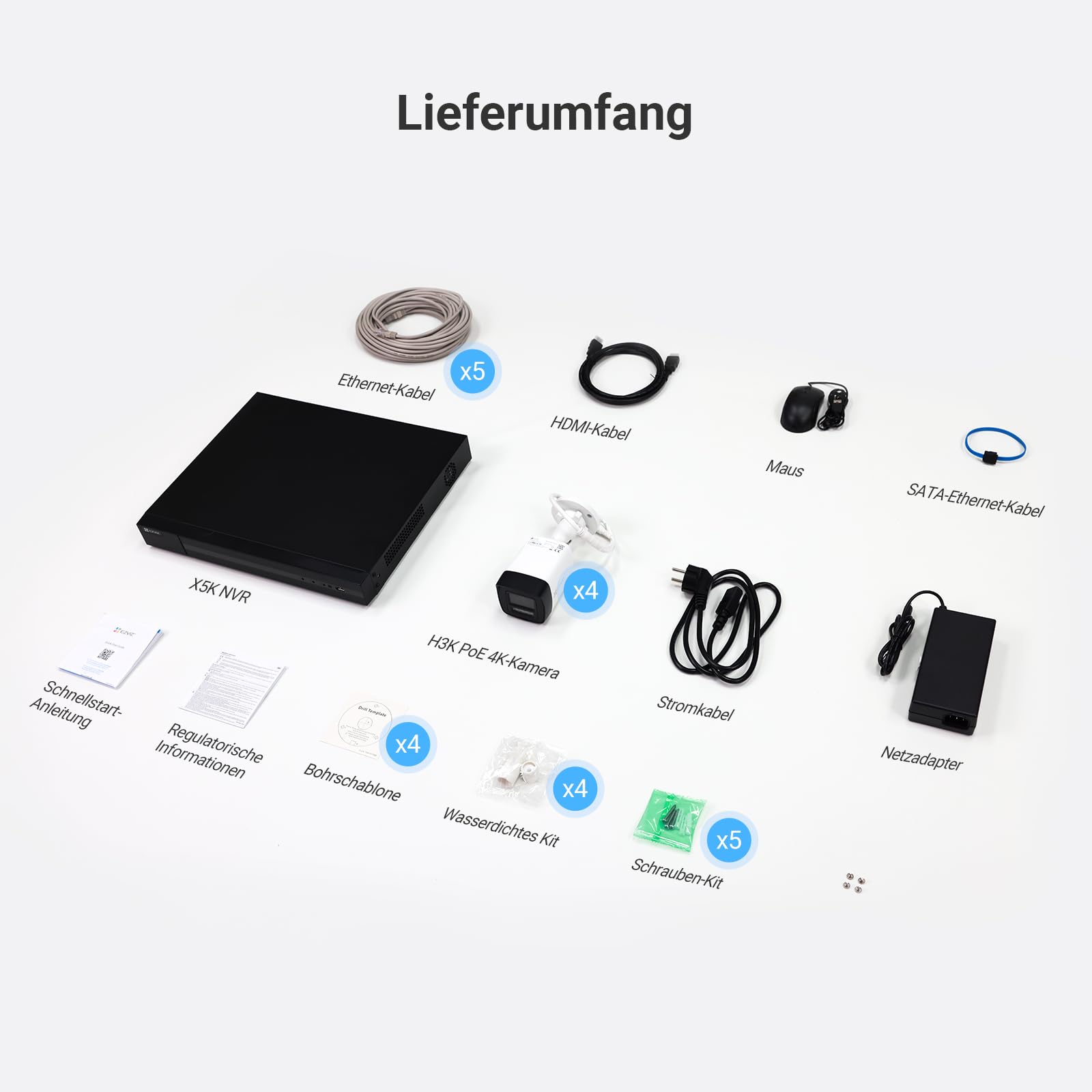 EZVIZ 4K Überwachungskamera aussen Sicherheitssystem, 4X 8MP PoE IP Kamera mit 2TB HDD NVR für 24/7 Aufzeichnung, Farbnachtsicht & Personen-/Fahrzeugerkennung, IP67, H3K PoE Kit
