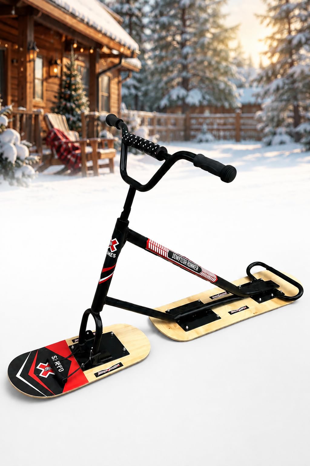 Nuovo Modello Di Snow Scooter/Slitta Con Sci, Manubrio Antiscivolo E Sci Per Tutti I Terreni, Facile Usare, Sicuro, Con Sterzo A 360°, Ideale Per Stazioni Sciistiche E Piste Sci Naturalwoodcolor