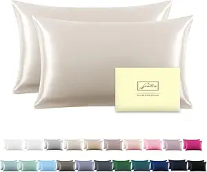 SUATIEN Breathable Mulberry Silk Pillowcase Set - Soft and Silky with Hidden Zipper (Beige, 20" x 26", 2 Pack)