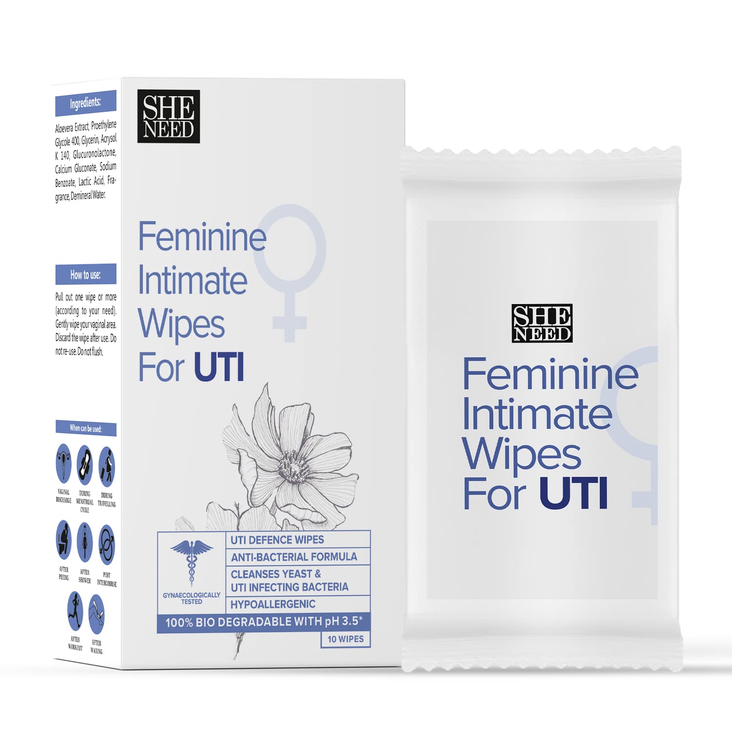 Sheneed Feminine Intimate Wipes for UTI | targets UTI, fungus & bacteria| 99% cleansing| 100% alcohol free | Ph- balanced| minimizes itching - 10 Wipes