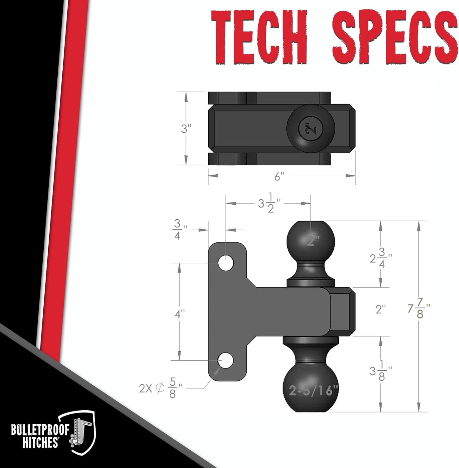 BulletProof Hitches - Adjustable Trailer Hitch - 2" and 2-5/16" Dual Ball Mount - Replacement 2-5/16" Ball Hitch Rated up to 36,000 lbs - Solid Steel, Corrosion Resistant, Black Powder Coat