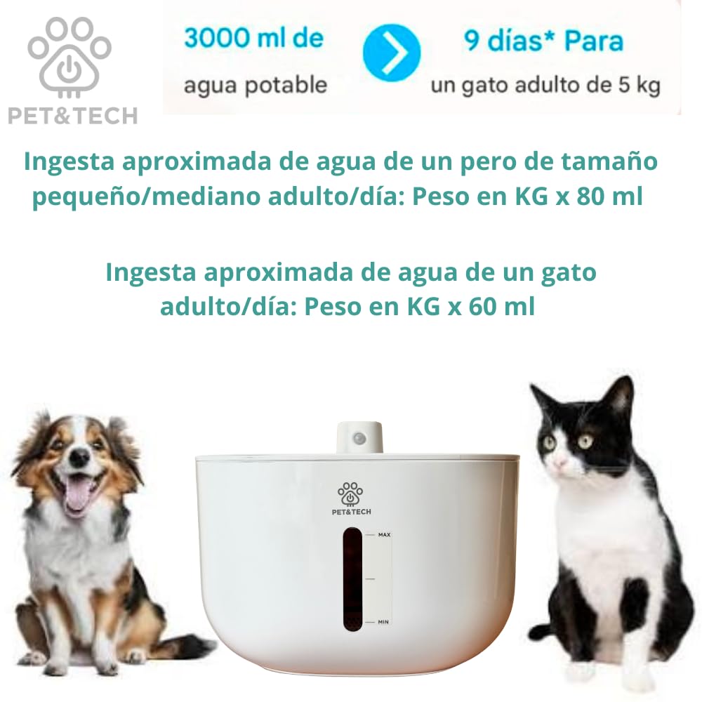 PET&TECH Fontana d’acqua per gatti e cani – 3 L, sensore di movimento, batteria ricaricabile 3600 mAh, silenziosa 25–30 dB, 4 modalità, ciotola in acciaio inox