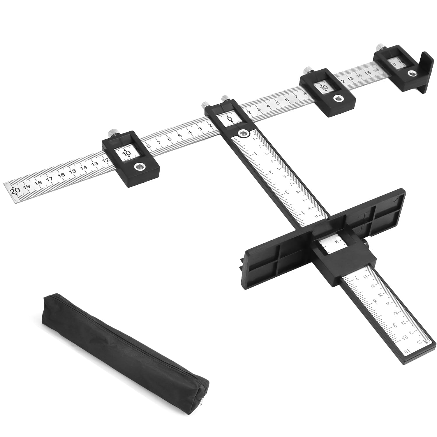Qwork Black/White Qwork® Drill Positioning Ruler With Metric And Imperial Scales, Adjustable Drilling Template Cabinet Hardware Jig For Mounting Handles On Furniture