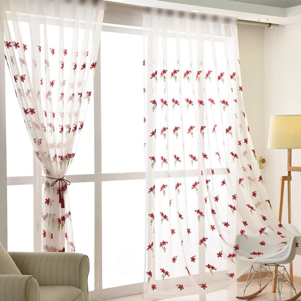 Amazon｜Pureaqu 美しいホワイトレースカーテン178cm丈 刺繍 レッド花