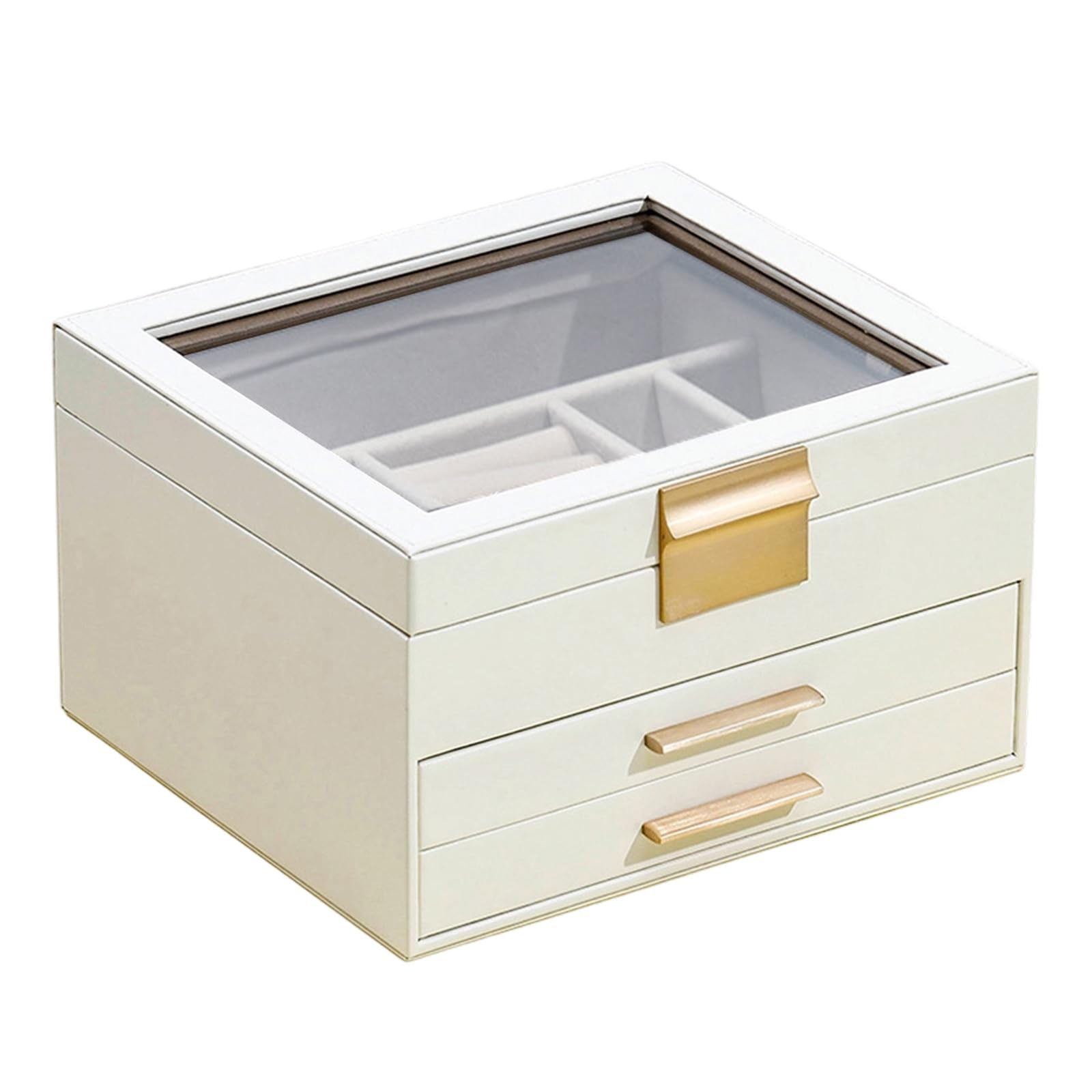 Msioytog Multifunctional Jewelry Box Transparent Lid Flannel Interior PU Leather Gold Hardware for Display Layered Jewelry Box