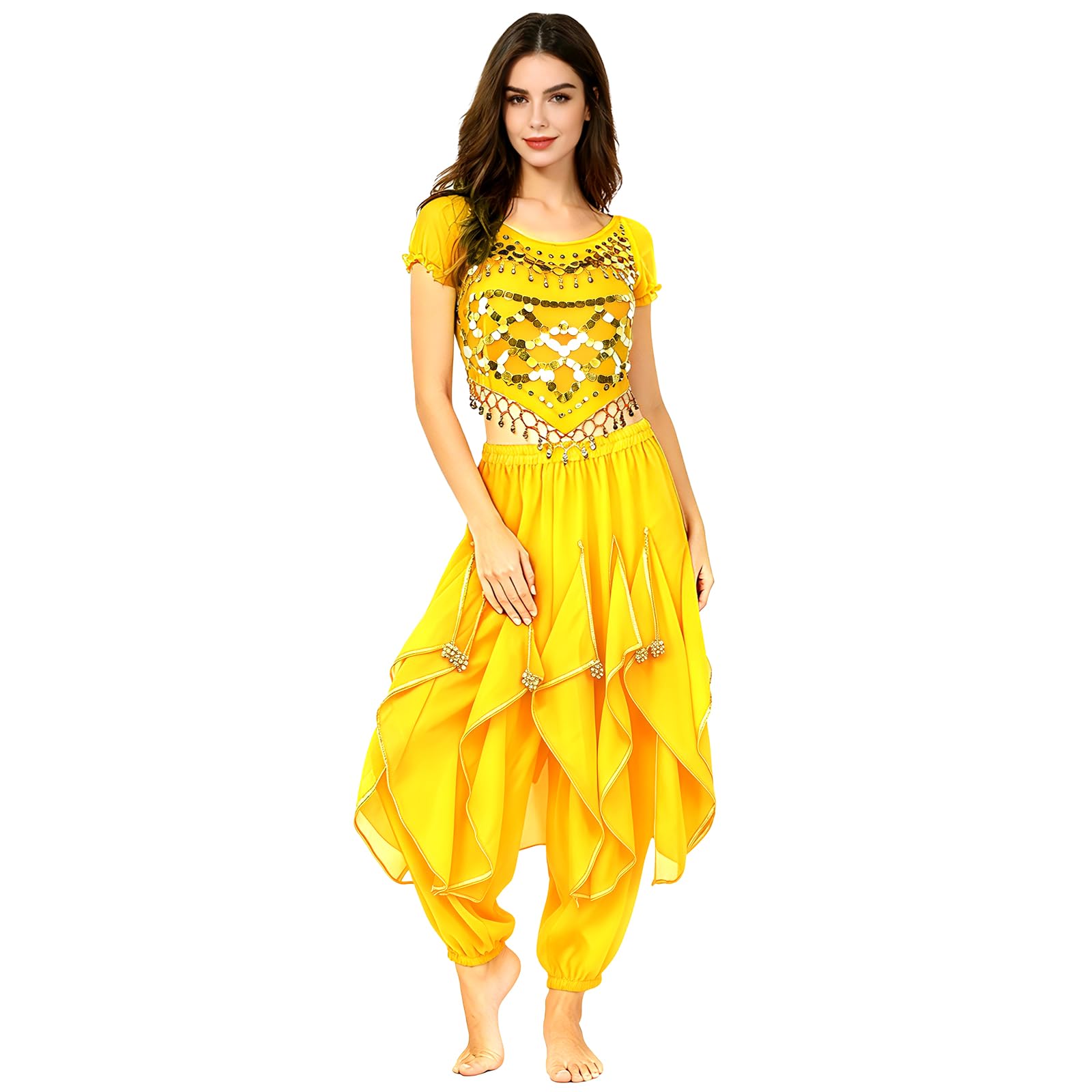 Baisdan 2 Piece Belly Dance Costume for Women, Jasmine Costume Adult Crop Top Harem Pants Set for Arabian Indian Halloween Carnival Dance Performance Yellow