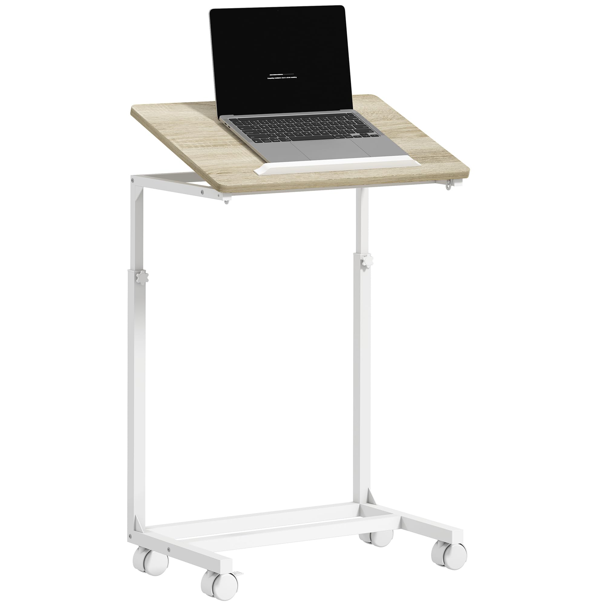 HOMCOM Tavolino Salotto ad Altezza Regolabile con Piano Inclinabile e 4 Ruote, Tavolino Porta PC in Legno e Metallo, Tavolino Laterale per Camera da Letto e Soggiorno, 55x36x62.5-82.5 cm, Rovere