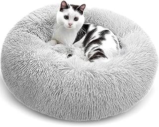 Petxia Cozy Cat Beds for Indoor Cats, Fluffy Cat Bed with Anti-Slip Bottom-Kitten Bed-Pet Bed-Cat Beds, Bedding & Furniture-Small Cat Bed-Cat Donut Bed-Pet Beds for Cats-Large Cat Bed-Grey 50x50x20 cm