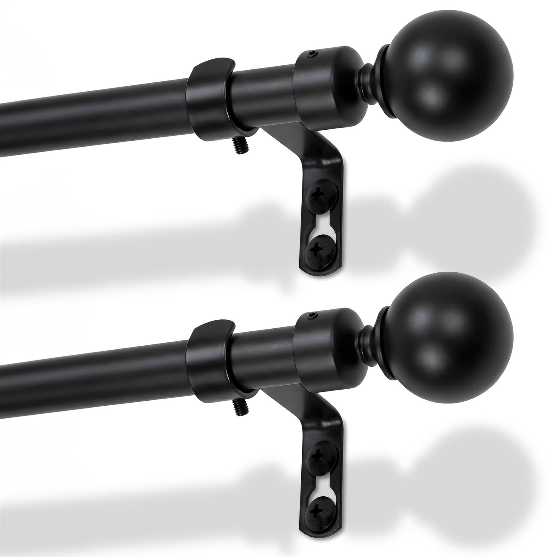 Harbour Housewares Extendable Metal Ball Curtain Pole Kit – 77 to 250cm – Matt Black - 2 Pack - Telescopic, Eyelet & Ring Compatible, Brackets Included, Stylish Window Dressing