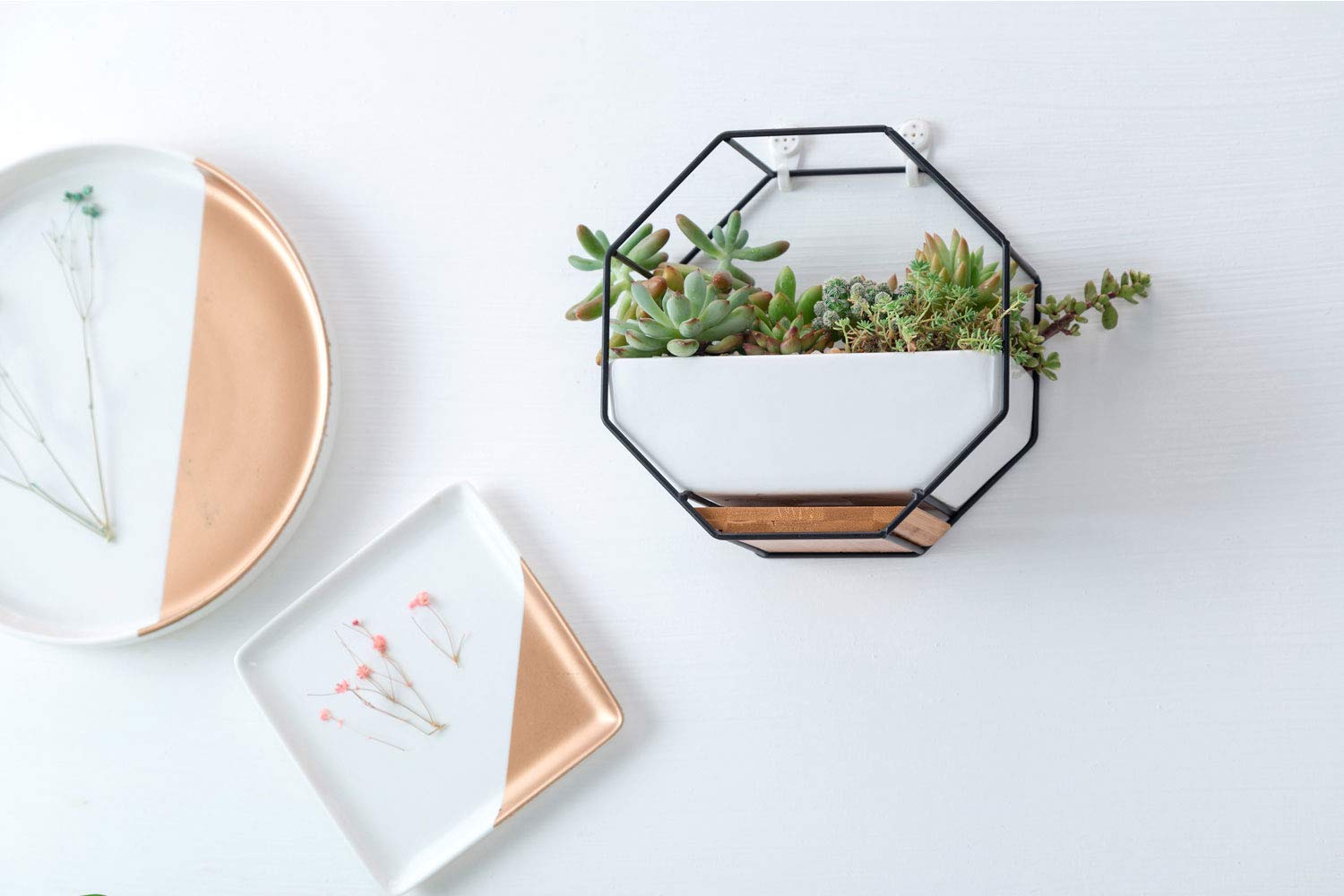 VanEnjoy 7" White Ceramic Wall Planters Vase and Copper,Drainage Hole with Bamboo Tray - Image 2