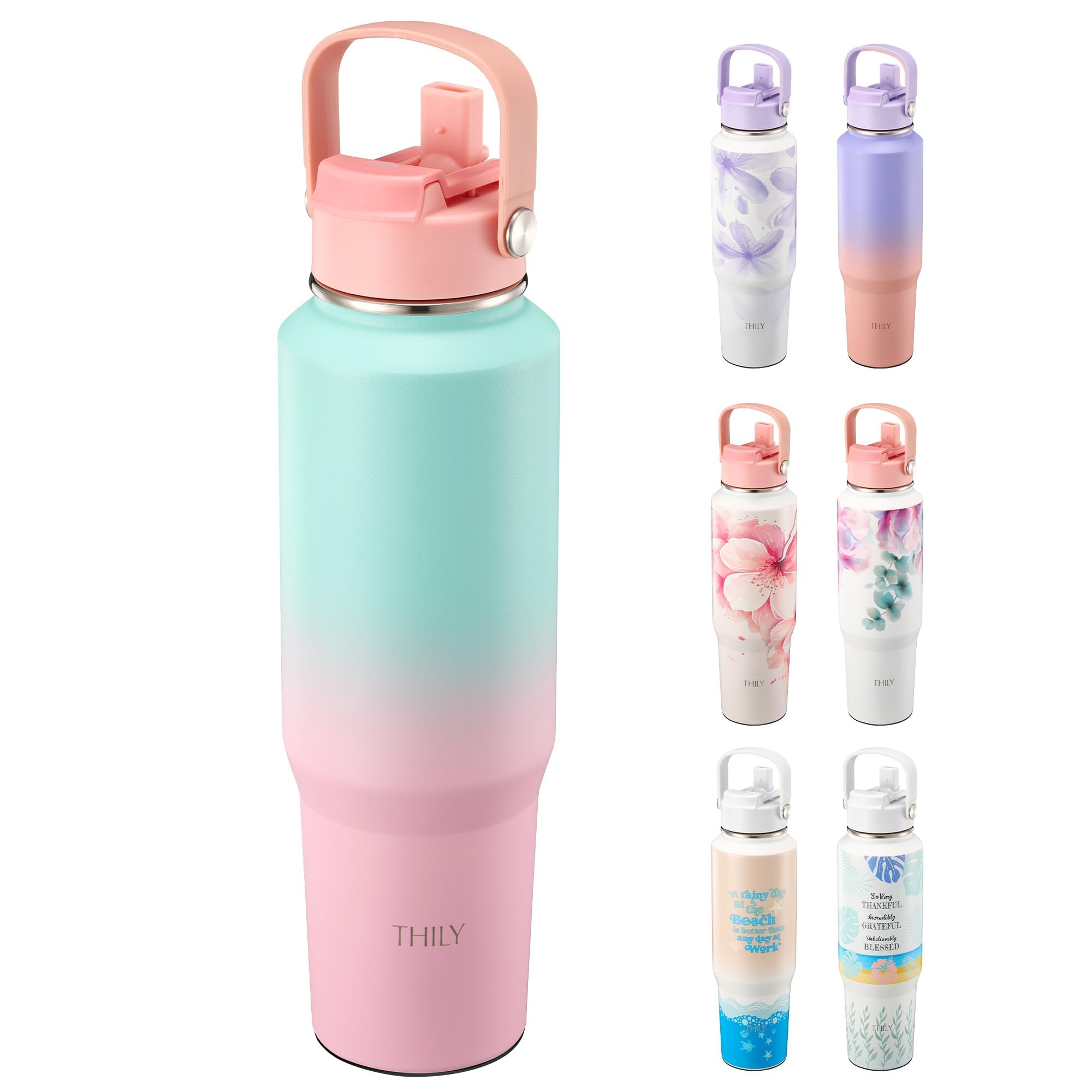 Stainless Steel Insulated Water Bottle, THILY 40 oz Triple Insulated Leakproof Wide Mouth Water Flask with Lid and Straws